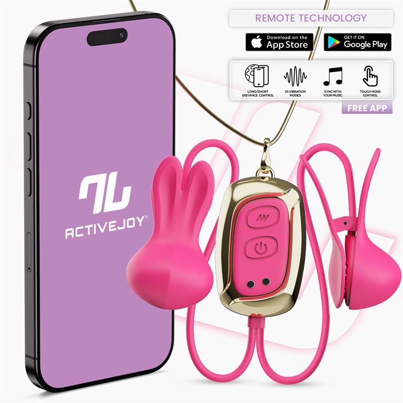 Pinzas vibradoras para pezones Tickly de Intoyou® con control remoto por app, 10 modos de vibración y diseño tipo conejito, ideales para parejas a distancia.