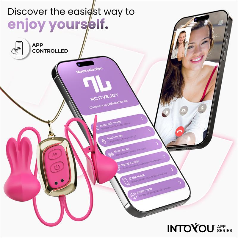 Pinzas vibradoras para pezones Tickly de Intoyou® con control remoto por app, 10 modos de vibración y diseño tipo conejito, ideales para parejas a distancia.