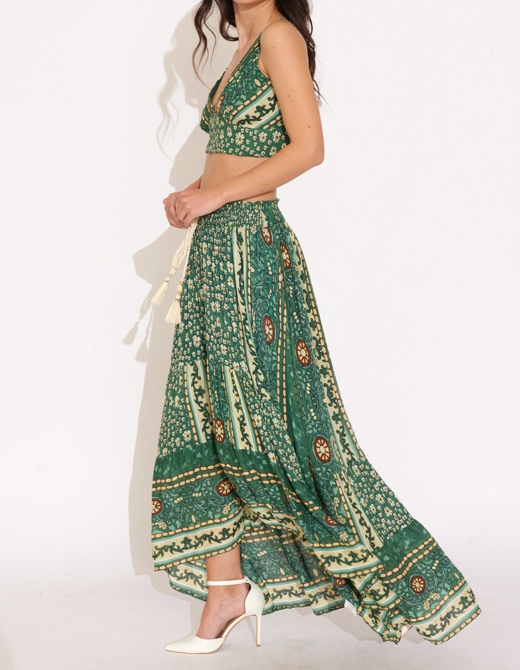 Conjunto Top y Falda Larga Asimétrica Estilo Boho Tonos Verdes Oscuros LORETA