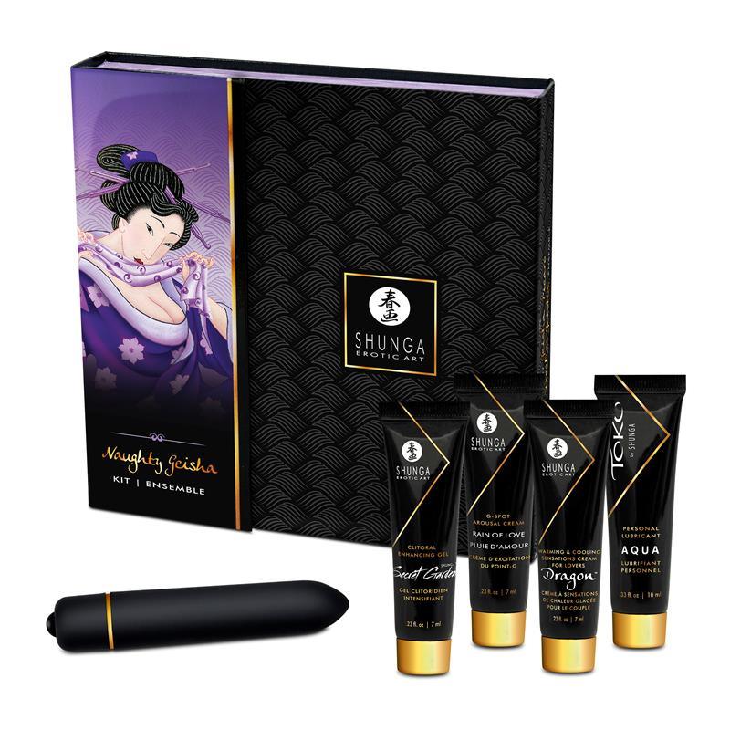 El Kit Erótico Secretos de una Geisha Coquine de Shunga ofrece una experiencia única de placer, con aceites, geles y una bala vibradora para intensificar la conexión en pareja.