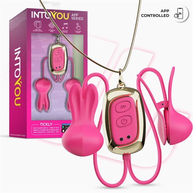 Pinzas vibradoras para pezones Tickly de Intoyou® con control remoto por app, 10 modos de vibración y diseño tipo conejito, ideales para parejas a distancia.