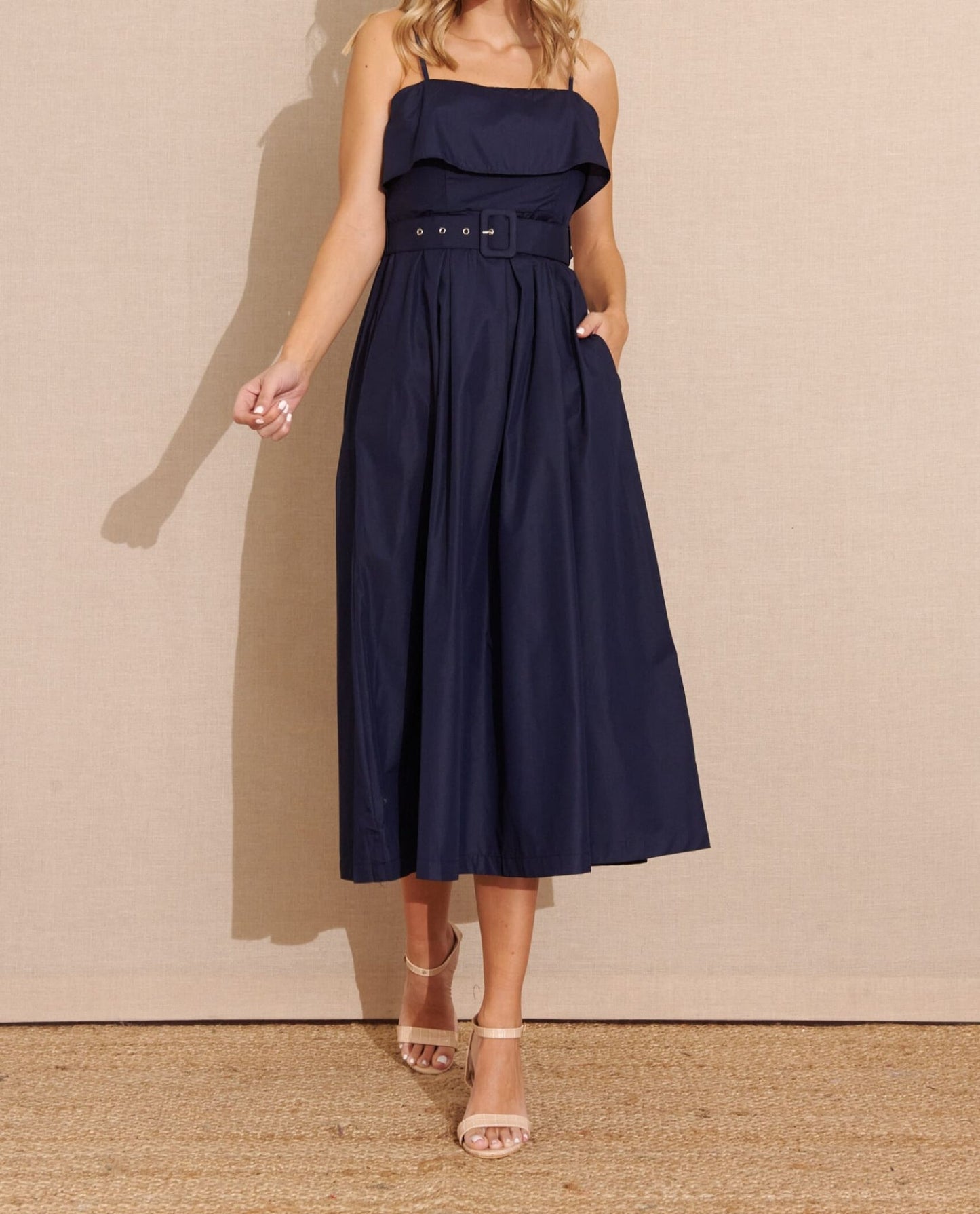 Vestido Azul Marino Largo Escote Volante MARTINA