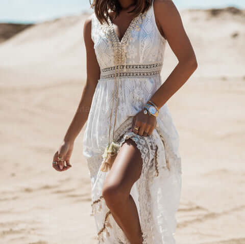 Vestido Beige Boho Largo Con Detalles Bordados DANIELA