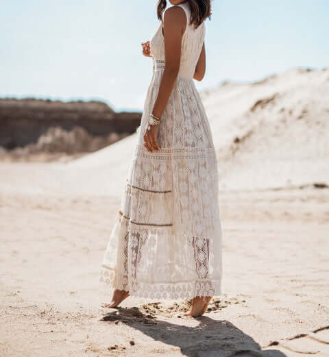 Vestido Beige Boho Largo Con Detalles Bordados DANIELA