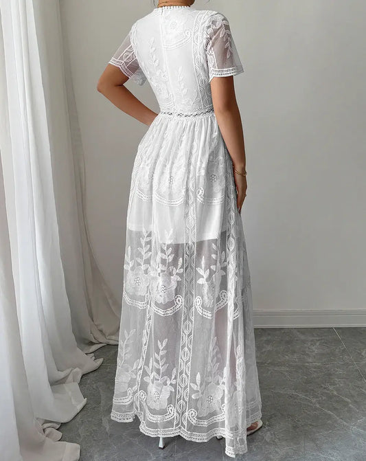 Vestido largo blanco ibicenco encaje parte trasera