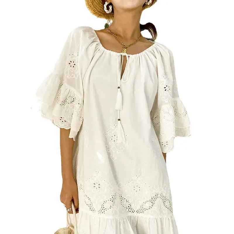Vestido Boho Ibicenco Bordado Blanco Corto CARLA