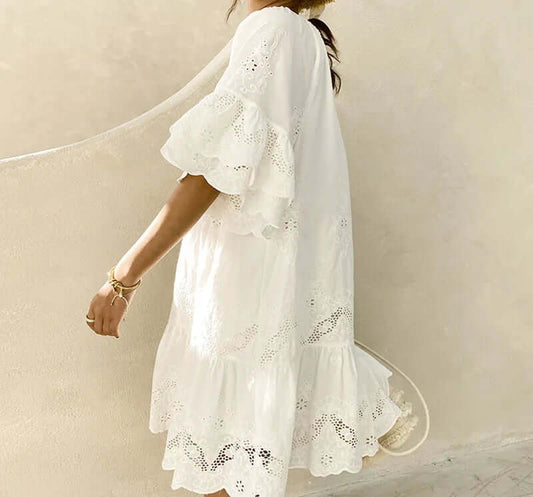 Vestido Boho Ibicenco Bordado Blanco Corto CARLA