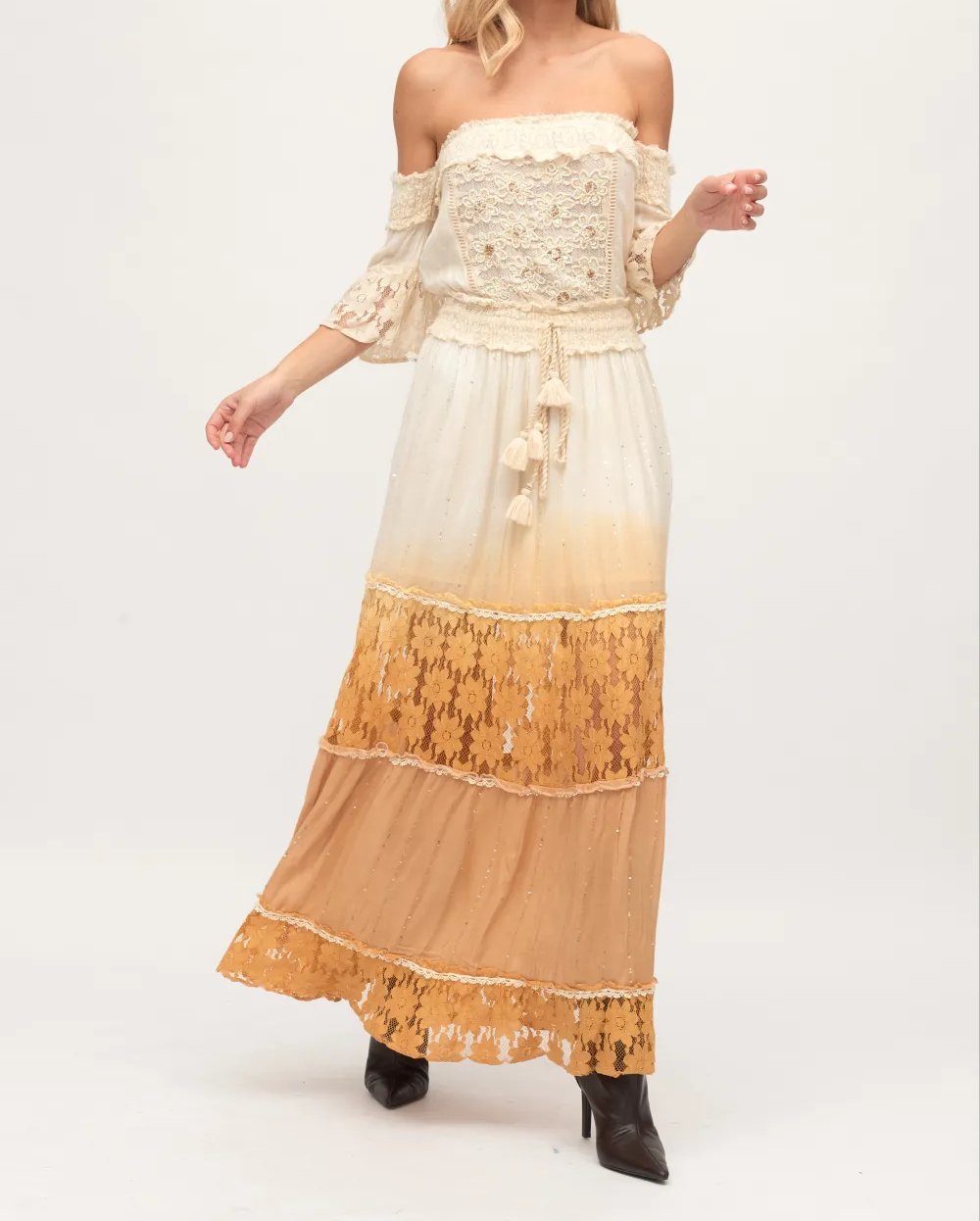 Vestido Boho Indie Largo Palabra Honor Bordado Beige ABIGAIL