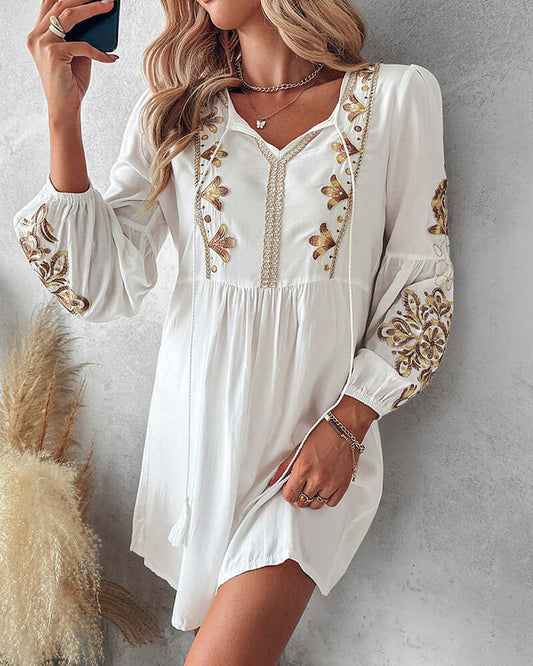 Vestido Camisero Boho Blanco Bordado Manga Larga LAURA