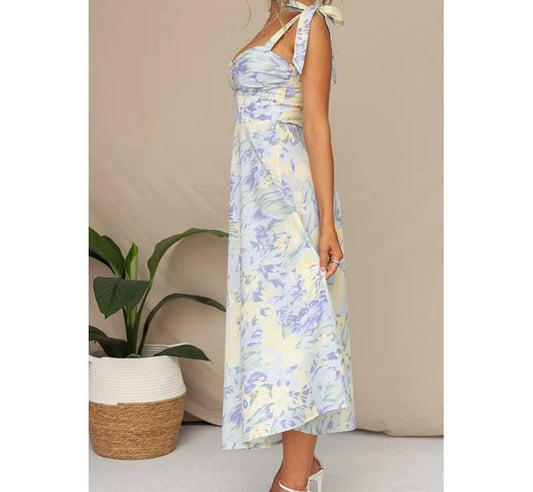 Vestido Estampado Flores Azules Acampanado Tirantes MALU