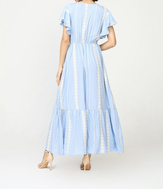 Vestido Largo Azul Escote V Botones Decorativos Manga Volantes SHARON