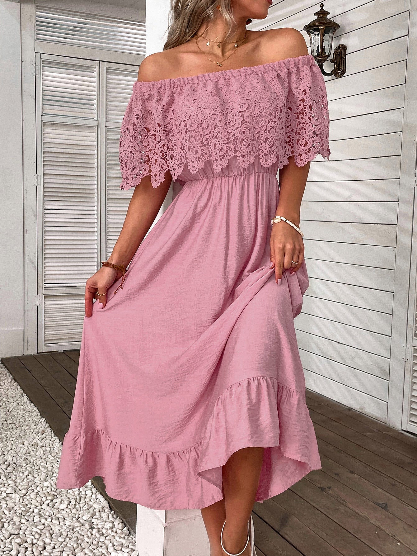 Vestido Largo Boho Rosa Hombros Descubiertos Karey | Colección Vestidos Verano 2024