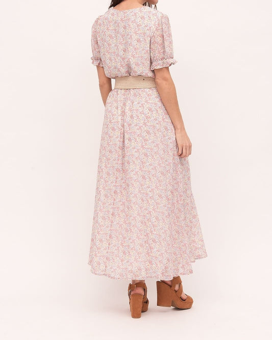 Vestido Largo Morado Estampado Flores Mangas Abullonadas KARRIE