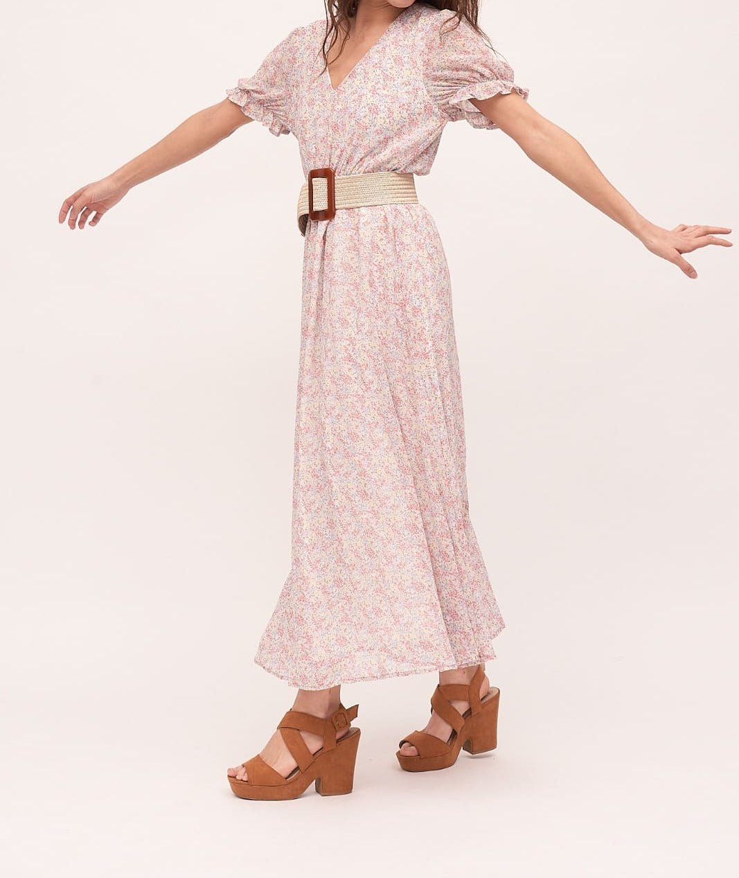 Vestido Largo Morado Estampado Flores Mangas Abullonadas KARRIE