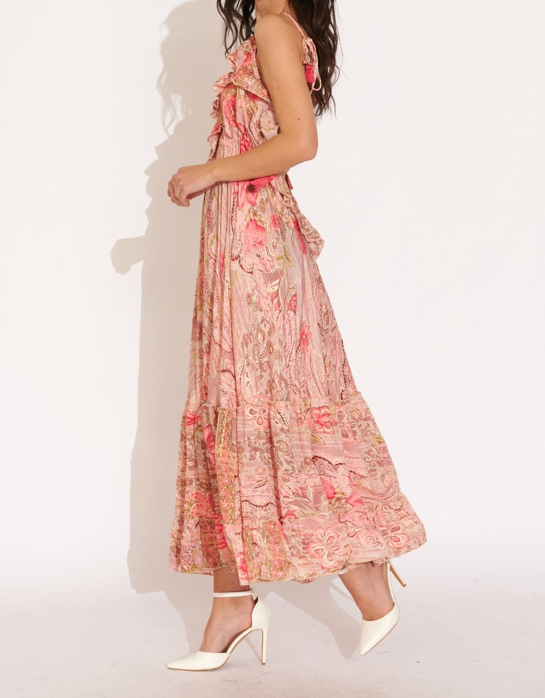 Vestido Largo Tirantes Seda Estampado Escote V Volantes KARADA