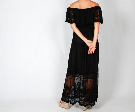 Vestido Negro Boho Encaje Hombros Descubiertos KIRA