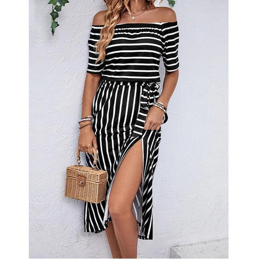 Vestido Rayas Blanco Negro KIARA | Elegante Hombros Descubiertos | Top Ventas 2024