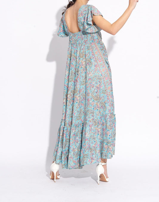 Vestido Seda Boho Estampado Tonos Azules