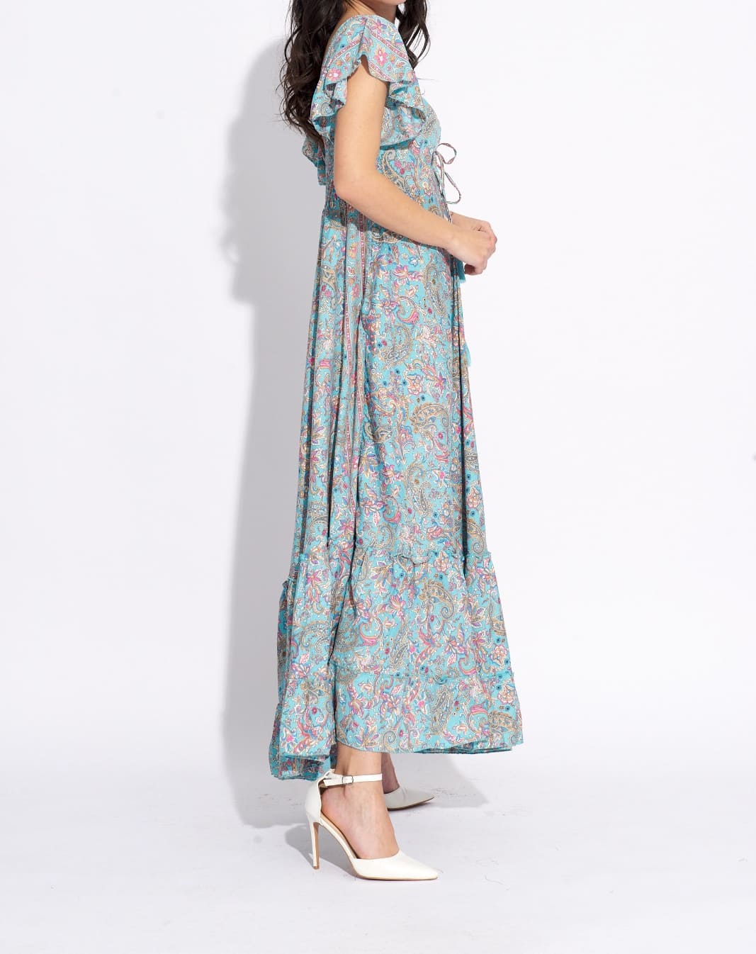 Vestido Seda Boho Estampado Tonos Azules