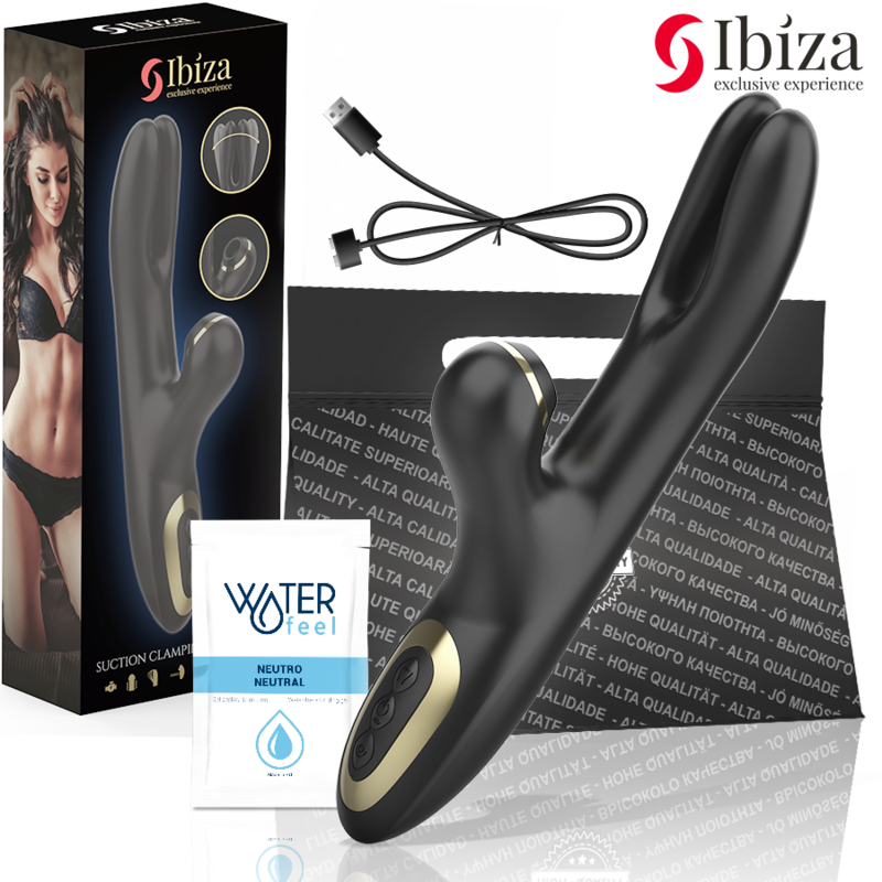 Vibrador Hi-Tech Rabbit IBIZA negro con diseño de doble pinching y ondas clitoriales, fabricado en silicona premium, ideal para estimulación dual y placer intenso.
