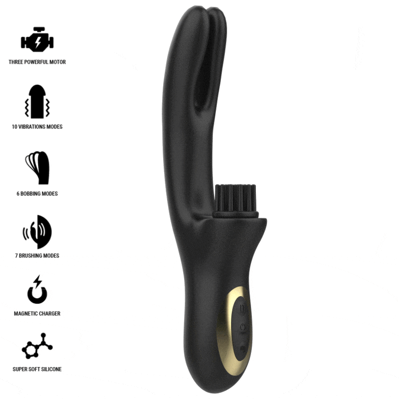Vibrador Doble BRUSHING de IBIZA en elegante color negro, diseñado con tecnología avanzada para la estimulación simultánea del clítoris y el punto G, fabricado en silicona suave y segura para el cuerpo.