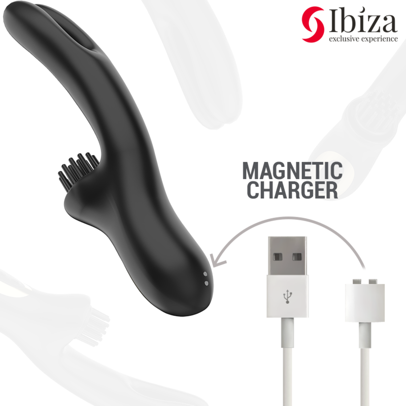 Vibrador Doble BRUSHING de IBIZA en elegante color negro, diseñado con tecnología avanzada para la estimulación simultánea del clítoris y el punto G, fabricado en silicona suave y segura para el cuerpo.