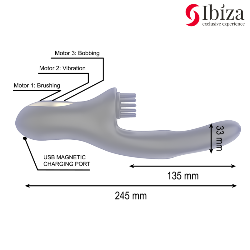 Vibrador Doble BRUSHING de IBIZA en elegante color negro, diseñado con tecnología avanzada para la estimulación simultánea del clítoris y el punto G, fabricado en silicona suave y segura para el cuerpo.