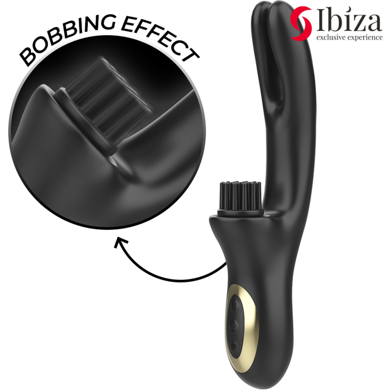 Vibrador Doble BRUSHING de IBIZA en elegante color negro, diseñado con tecnología avanzada para la estimulación simultánea del clítoris y el punto G, fabricado en silicona suave y segura para el cuerpo.