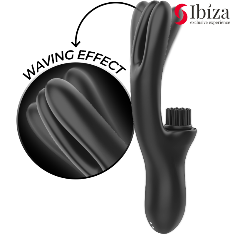 Vibrador Doble BRUSHING de IBIZA en elegante color negro, diseñado con tecnología avanzada para la estimulación simultánea del clítoris y el punto G, fabricado en silicona suave y segura para el cuerpo.
