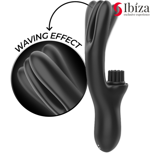 Vibrador Doble BRUSHING de IBIZA en elegante color negro, diseñado con tecnología avanzada para la estimulación simultánea del clítoris y el punto G, fabricado en silicona suave y segura para el cuerpo.