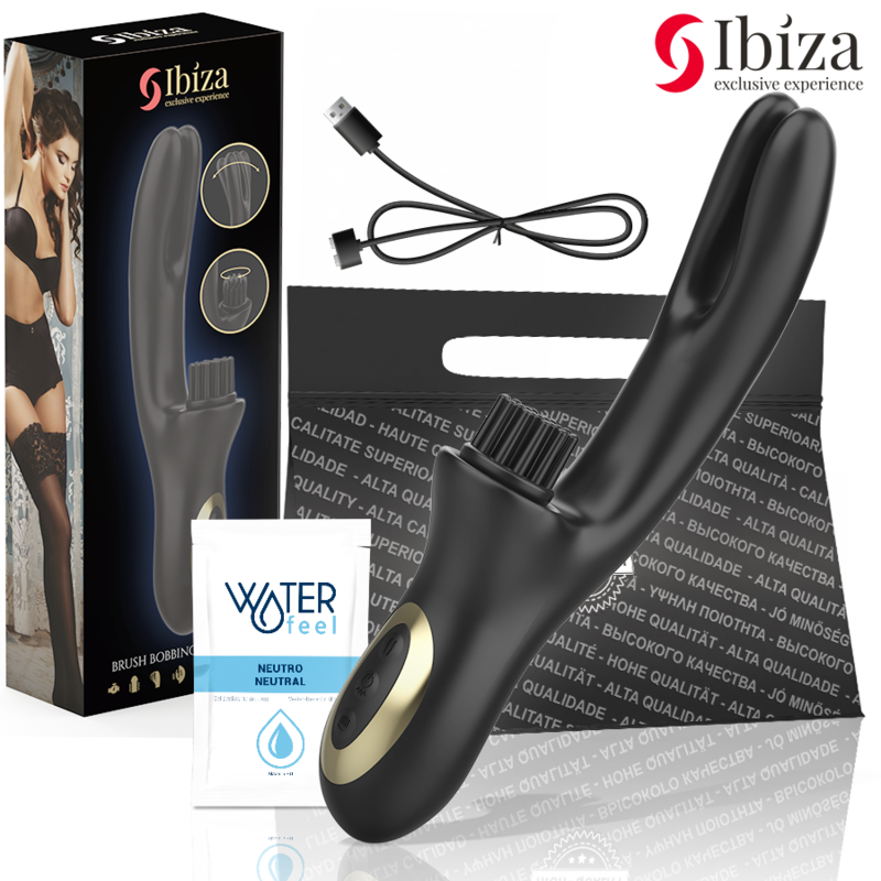 Vibrador Doble BRUSHING de IBIZA en elegante color negro, diseñado con tecnología avanzada para la estimulación simultánea del clítoris y el punto G, fabricado en silicona suave y segura para el cuerpo.