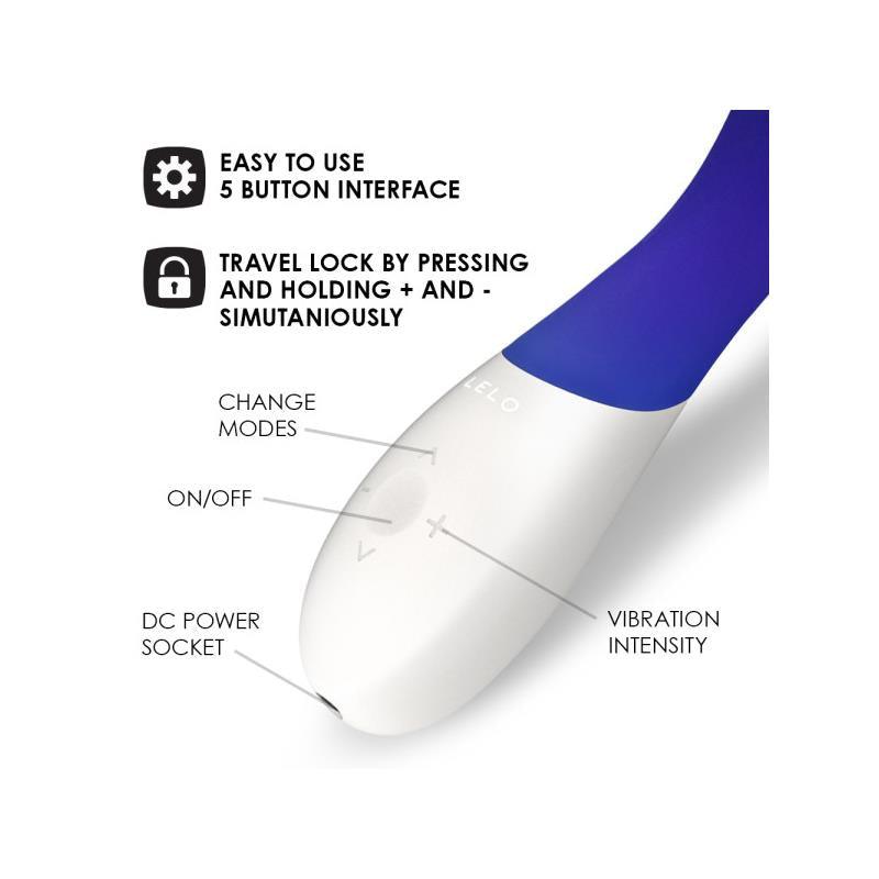 Vibrador LELO MONA MEDIANOCHE WAVE en color azul, diseñado para la estimulación del punto G con un innovador movimiento ondulante. Fabricado en silicona premium y ABS, resistente al agua y recargable por USB, ofreciendo una experiencia única con 10 modos de vibración.