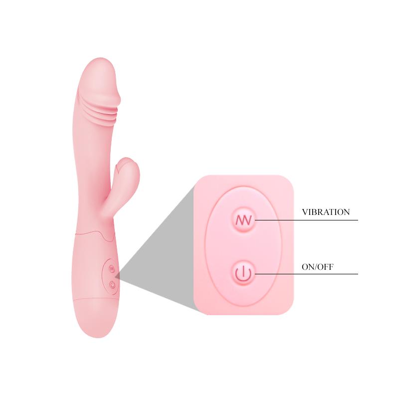 Vibrador PRETTYLOVE Snappy en color natural, diseñado para la estimulación simultánea del punto G y el clítoris. Su estructura ergonómica y acabado en silicona ultrasuave ofrecen comodidad y placer. Cuenta con 30 modos de vibración y es recargable por USB.