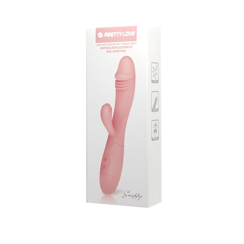 Vibrador PRETTYLOVE Snappy en color natural, diseñado para la estimulación simultánea del punto G y el clítoris. Su estructura ergonómica y acabado en silicona ultrasuave ofrecen comodidad y placer. Cuenta con 30 modos de vibración y es recargable por USB.