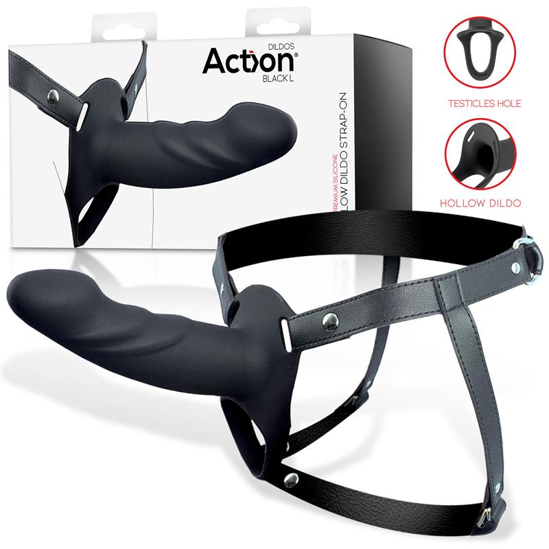 ACTION Arnés Strap-on con Dildo Hueco Silicona Premium Talla L Negro