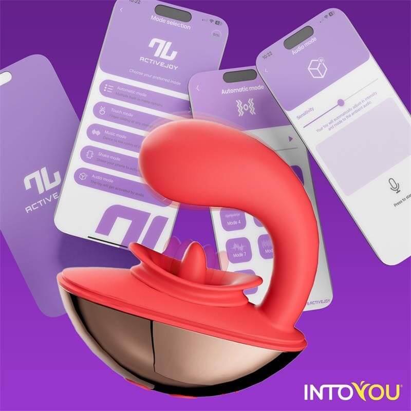 Estimulador clítoris Intoyou App Series Rondy con vibración y lengua frente a pantallas de app en smartphones