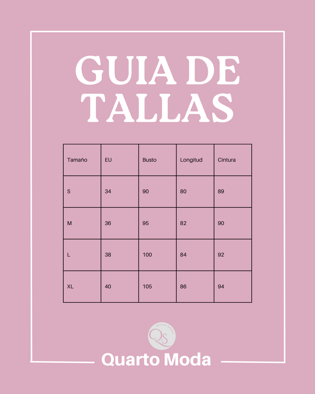 Size guide chart for Quarto Moda clothing, detailing measurements for sizes S, M, L, and XL in bust, length, and waist.