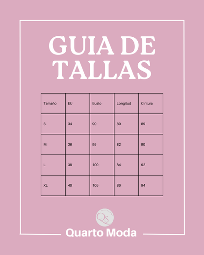 Size guide chart for Quarto Moda clothing, detailing measurements for sizes S, M, L, and XL in bust, length, and waist.