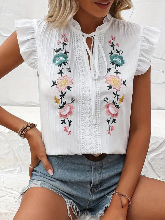 Blusa Blanca Bordada Flores Sin Mangas CATALINA