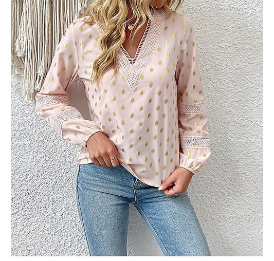 Camisa Rosa Topos Dorados CLARIE - Colección Blusas 2024 - Elegante y Casual