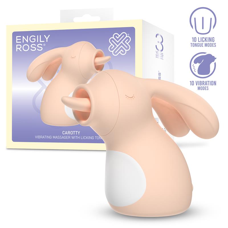 El ENGILY ROSS Carotty es un estimulador de clítoris con lengua que llama la atención por su original diseño con forma de conejo. Su pequeño tamaño esconde dos formas de estimulación: una lengua que imita el movimiento del lameteo y una función de vibración. Está pensado principalmente para el clítoris, aunque también puedes utilizarlo en otras zonas sensibles del cuerpo, como los pezones.
