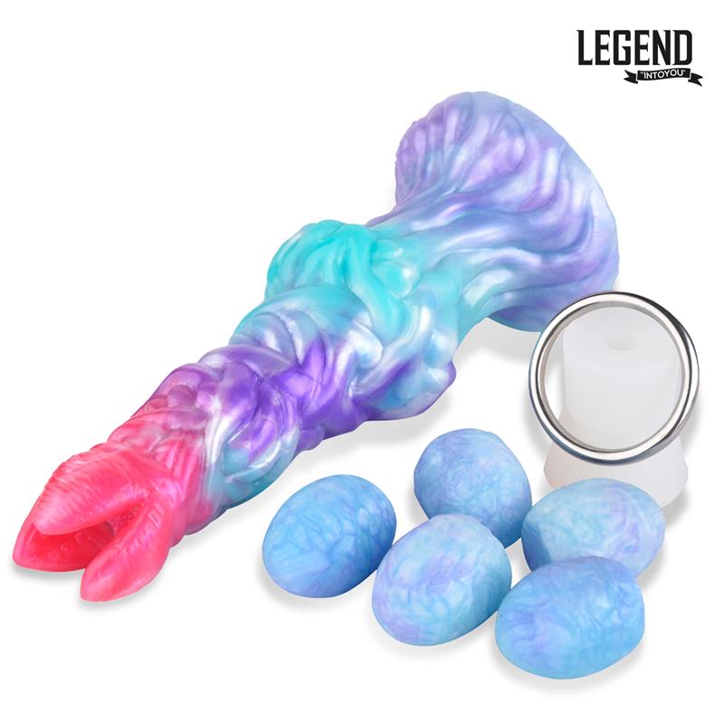 Dildo con huevos LEGEND Eggryphon de silicona líquida en colores vibrantes, con diseño hueco, huevos de silicona incluidos y bomba manual para experiencias únicas.