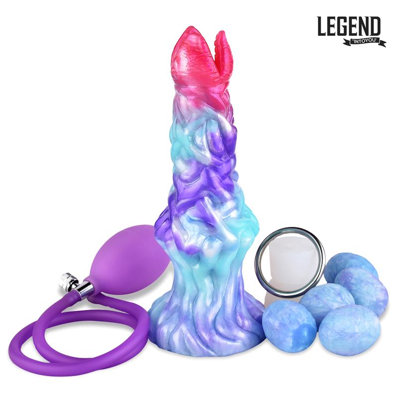 Dildo con huevos LEGEND Eggryphon de silicona líquida en colores vibrantes, con diseño hueco, huevos de silicona incluidos y bomba manual para experiencias únicas.