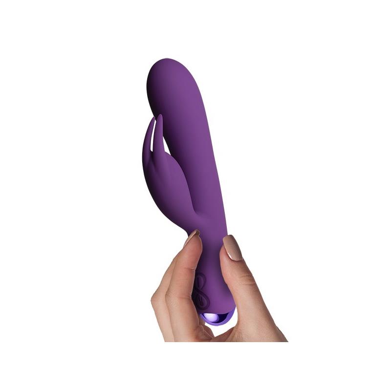 Vibrador Flutter con conejito, diseño ergonómico y estimulador de clítoris. Ofrece 10 funciones de vibración, 2 motores independientes y es resistente al agua. Ideal para una experiencia de placer completa.