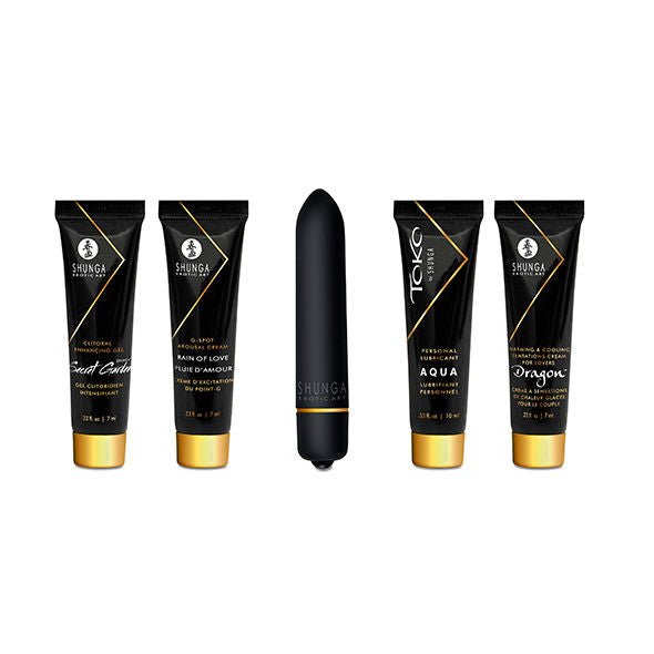 El Kit Erótico Secretos de una Geisha Coquine de Shunga ofrece una experiencia única de placer, con aceites, geles y una bala vibradora para intensificar la conexión en pareja.