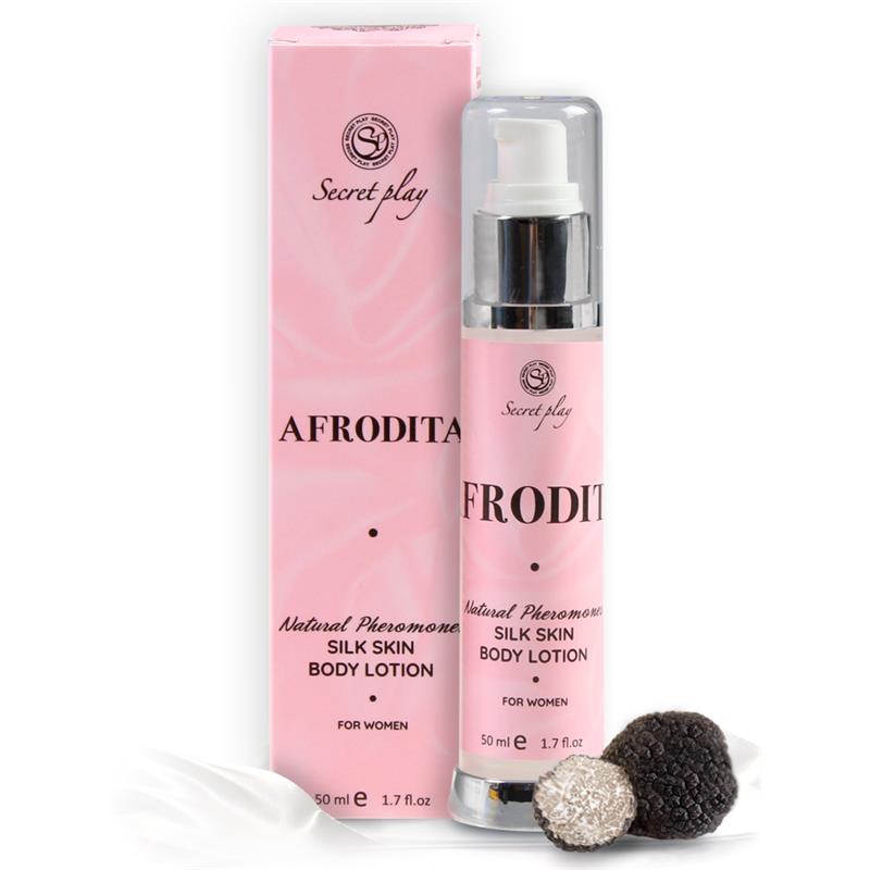 Loción SECRET PLAY Afrodita de 50 ml, con efecto piel de seda, feromonas naturales de trufa y sin lilial. Ideal para una piel suave y sensual.