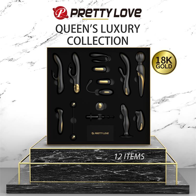  PRETTY LOVE Queen's Luxury es un set de juguetes sexuales premium de 12 piezas presentado en negro y dorado, pensado para quienes quieren descubrir diferentes formas de estimulación sin tener que elegir un único dispositivo.
