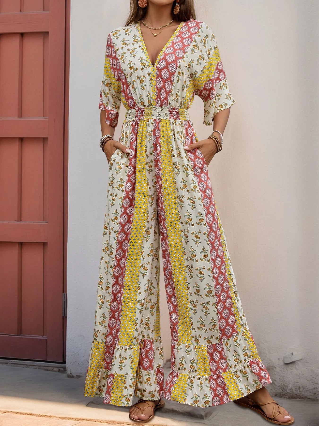 Mono de vestir con pantalon ancho, estampado, mangas murcielago estilo bohemio