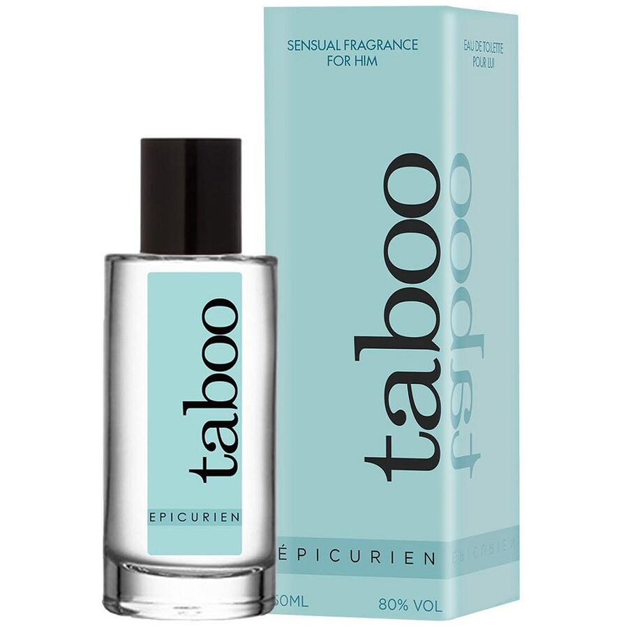 Frasco de TABOO Epicurien Perfume con Feromonas para hombre, diseñado para potenciar la atracción masculina con una fragancia amaderada irresistible.