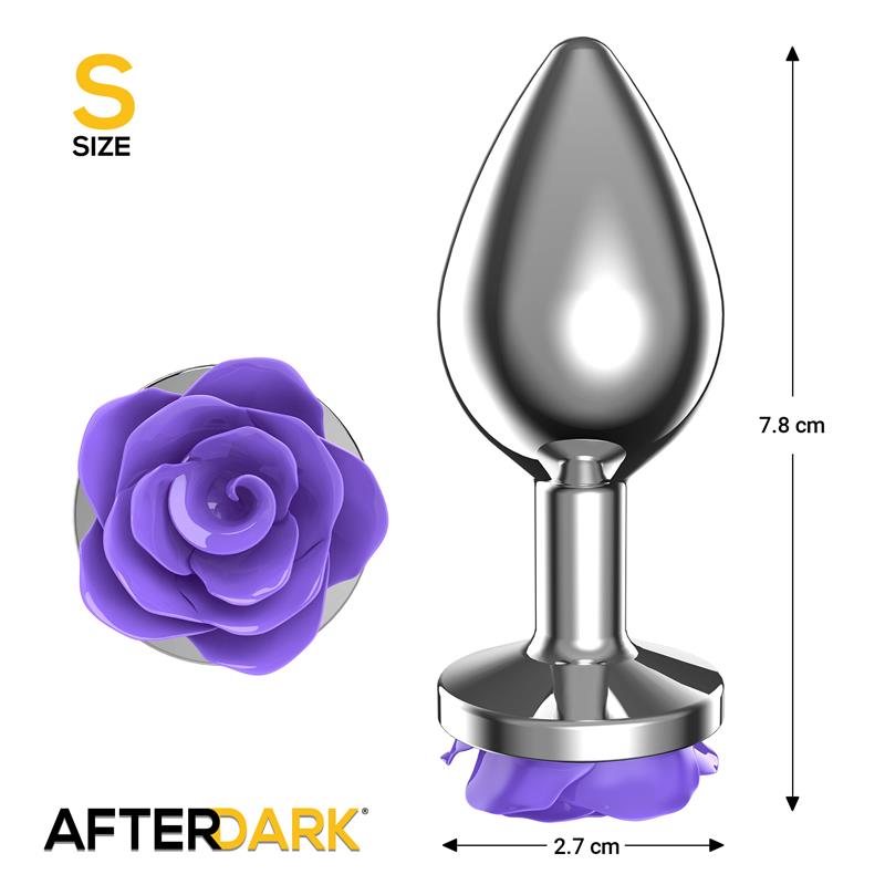 AFTERDARK Plug Anal de Metal. Talla S, con rosa púrpura en la base, perfecto para principiantes.